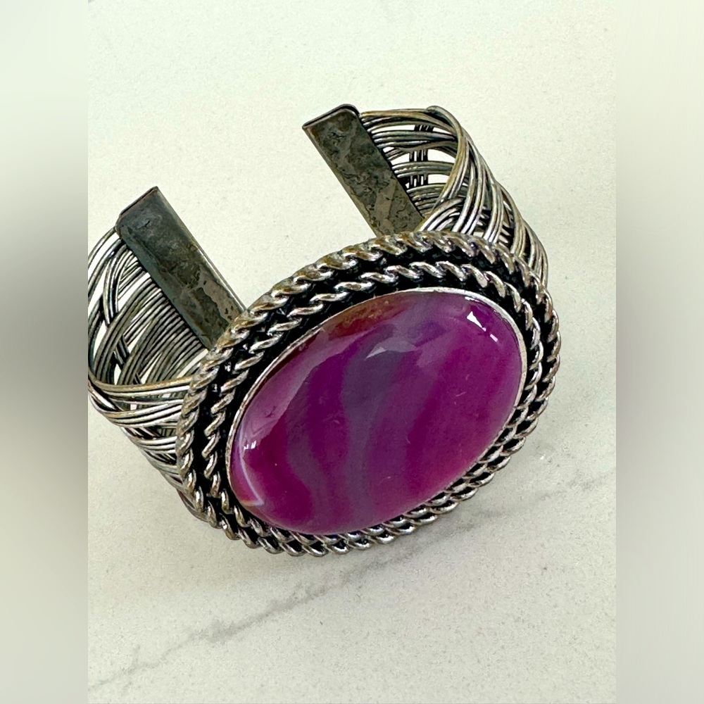 Vintage Pink Stone & Silver Weave Bangle Bracelet